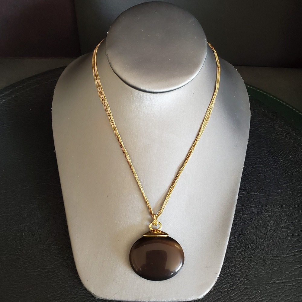 Vintage Monet Necklace Four Gold Tone Strands‎ Brown Pendant Oval Stone 1980's
